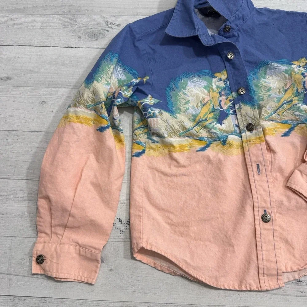 Vintage roper pink blue cowgirl horse button up shirt girls‎ XS 7